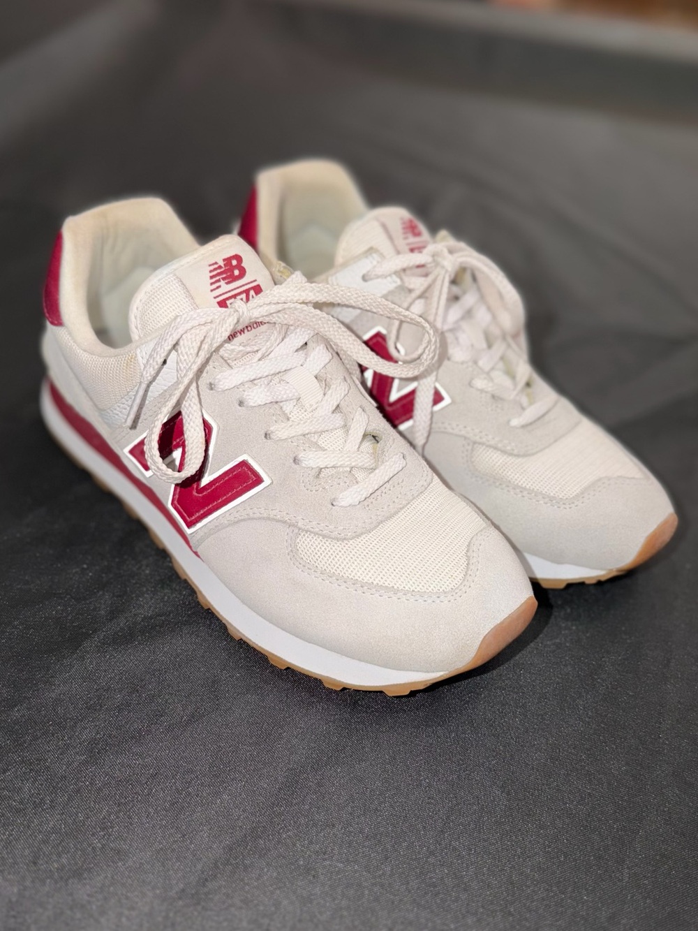 New Balance 574 Cream Sneakers with Red Accents